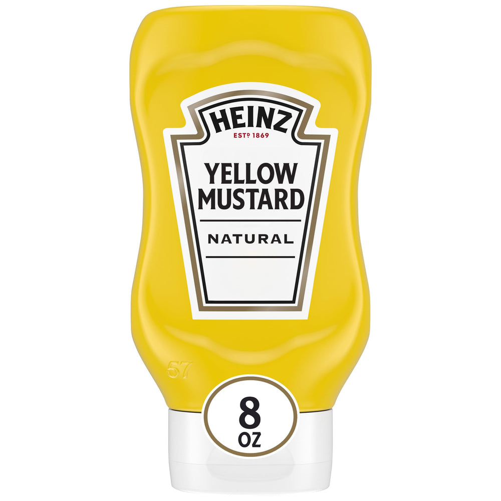 HEINZ Yellow Mustard 8 oz bottle for smooth, mess-free pouring on burgers.