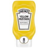 HEINZ Yellow Mustard 8 oz bottle for smooth, mess-free pouring on burgers.