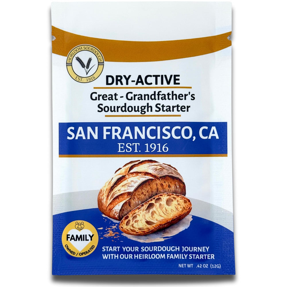 Heirloom Sourdough Sofia starter pack shown for long-term storage and gifting.