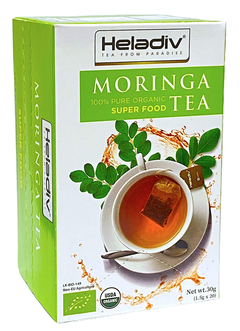Heladiv Moringa Tea packaging box shows organic certification and premium quality.
