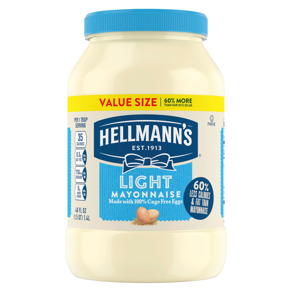 Hellmann's Light Mayo bottle pour shows creamy texture for sandwiches.