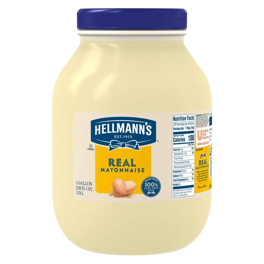 Hellmann's Real Mayonnaise jar with rich, creamy texture from cage-free eggs, ideal for sandwiches.