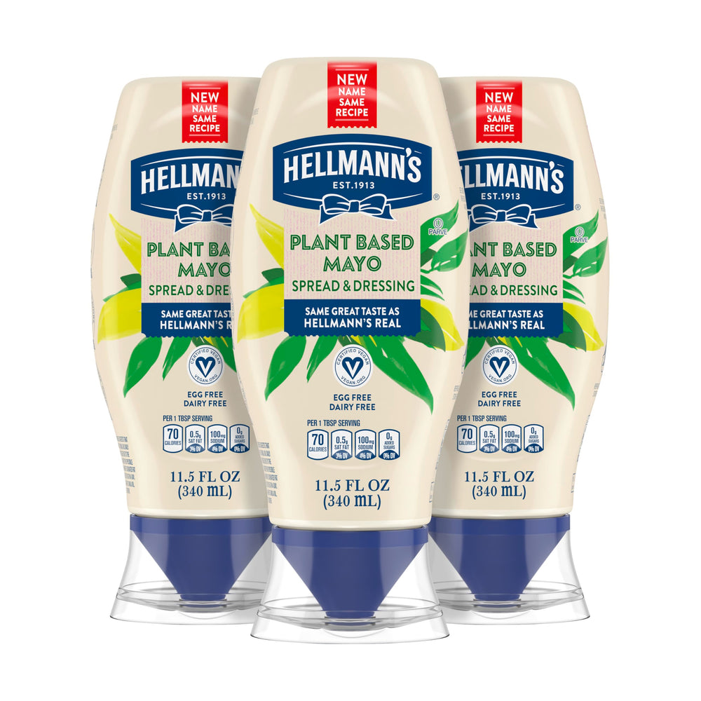 Hellmann's Vegan Dressing & Spread bottle pouring for a plant-based sandwich.