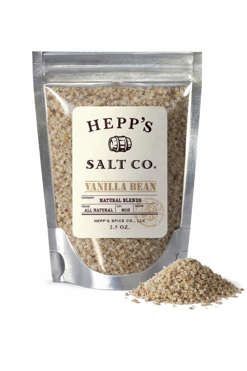 HEPP'S Vanilla Bean Sea Salt jar with real vanilla beans for gourmet finishing on desserts