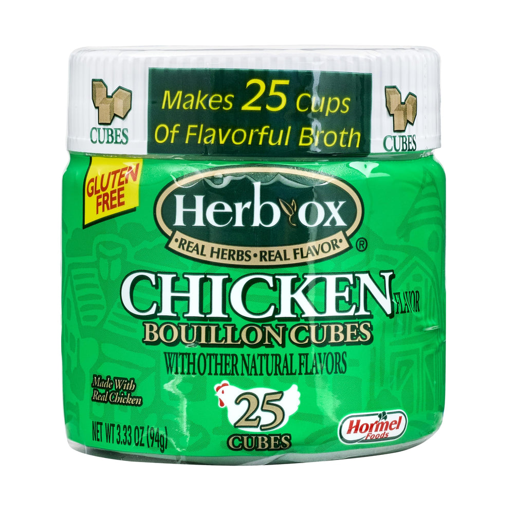 HERB-OX chicken bouillon cubes in a 12-pack for rich broth.