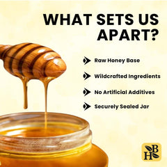 Herb To Body Ashwagandha Honey scoop on counter for easy dosing.
