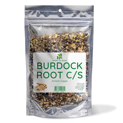 Herb To Body burdock root cut and sifted in a resealable bag for herbal prep