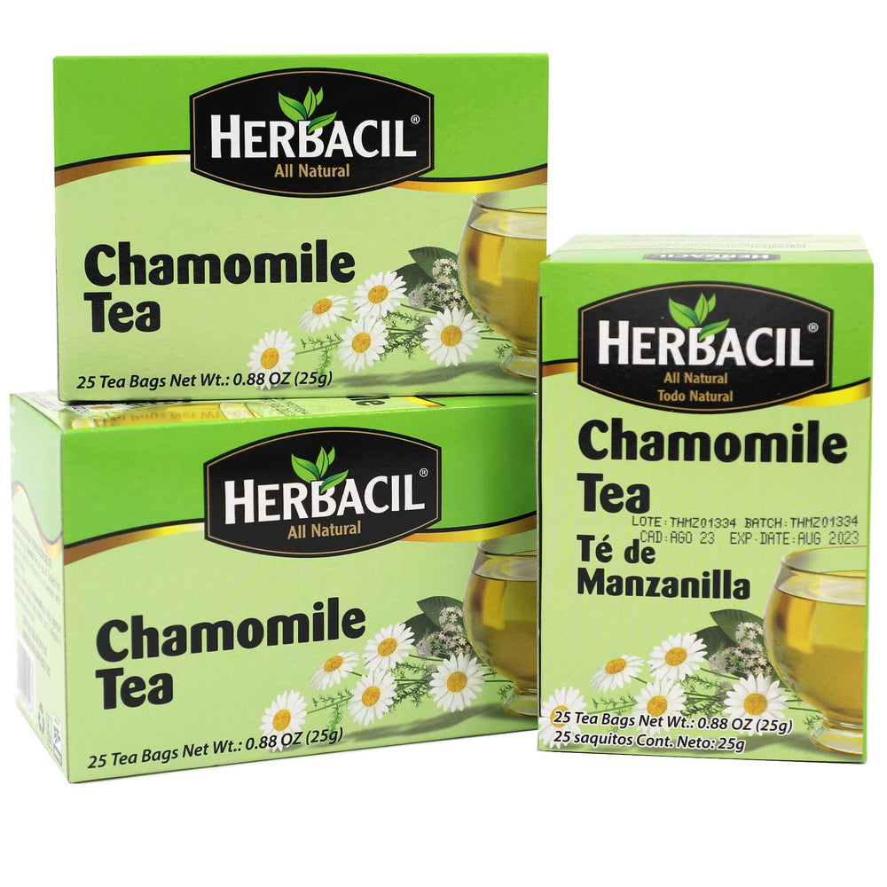 Herbacil Chamomile Tea bags in a box for a caffeine-free evening ritual