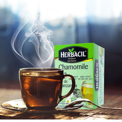 Herbacil Chamomile Tea packaging closeup shows convenient tea bags