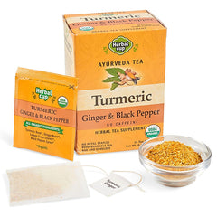 Herbal Cup Ayurveda Turmeric Tea front label showcases organic ingredients for a comforting cup.