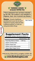 Herbal Cup Ayurveda Turmeric Tea ginger and pepper ingredients image emphasizes natural spices.