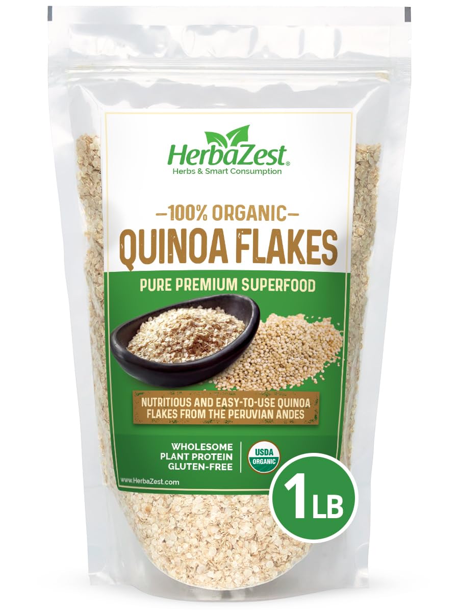 HerbaZest Quinoa Flakes Organic 1lb pack on shelf, versatile for kitchens.