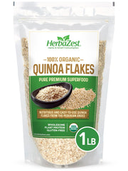 HerbaZest Quinoa Flakes Organic 1lb pack on shelf, versatile for kitchens.