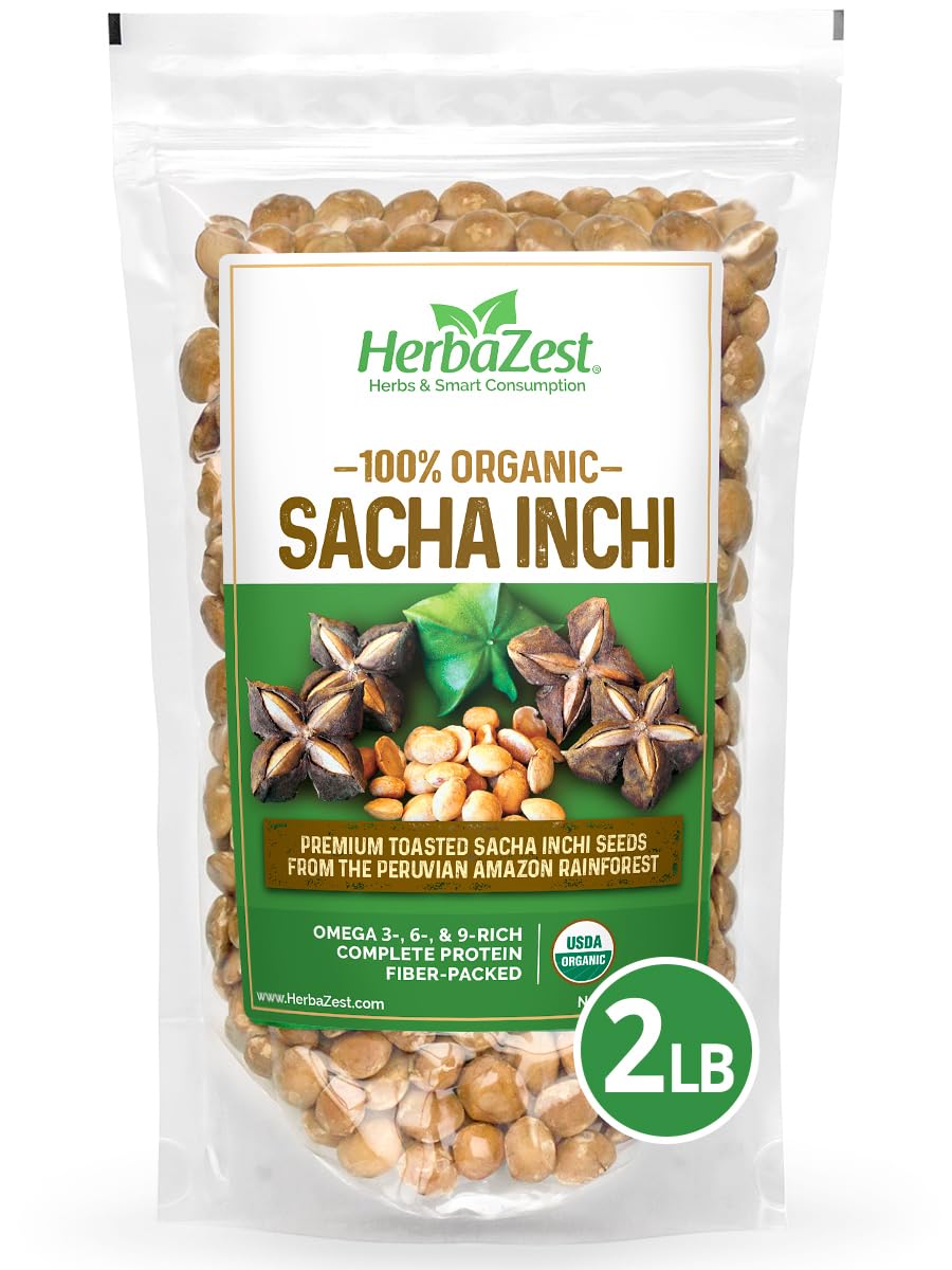 HerbaZest Sacha Inchi Seeds 2lb packaging highlights a crunchy, nutty snack option.