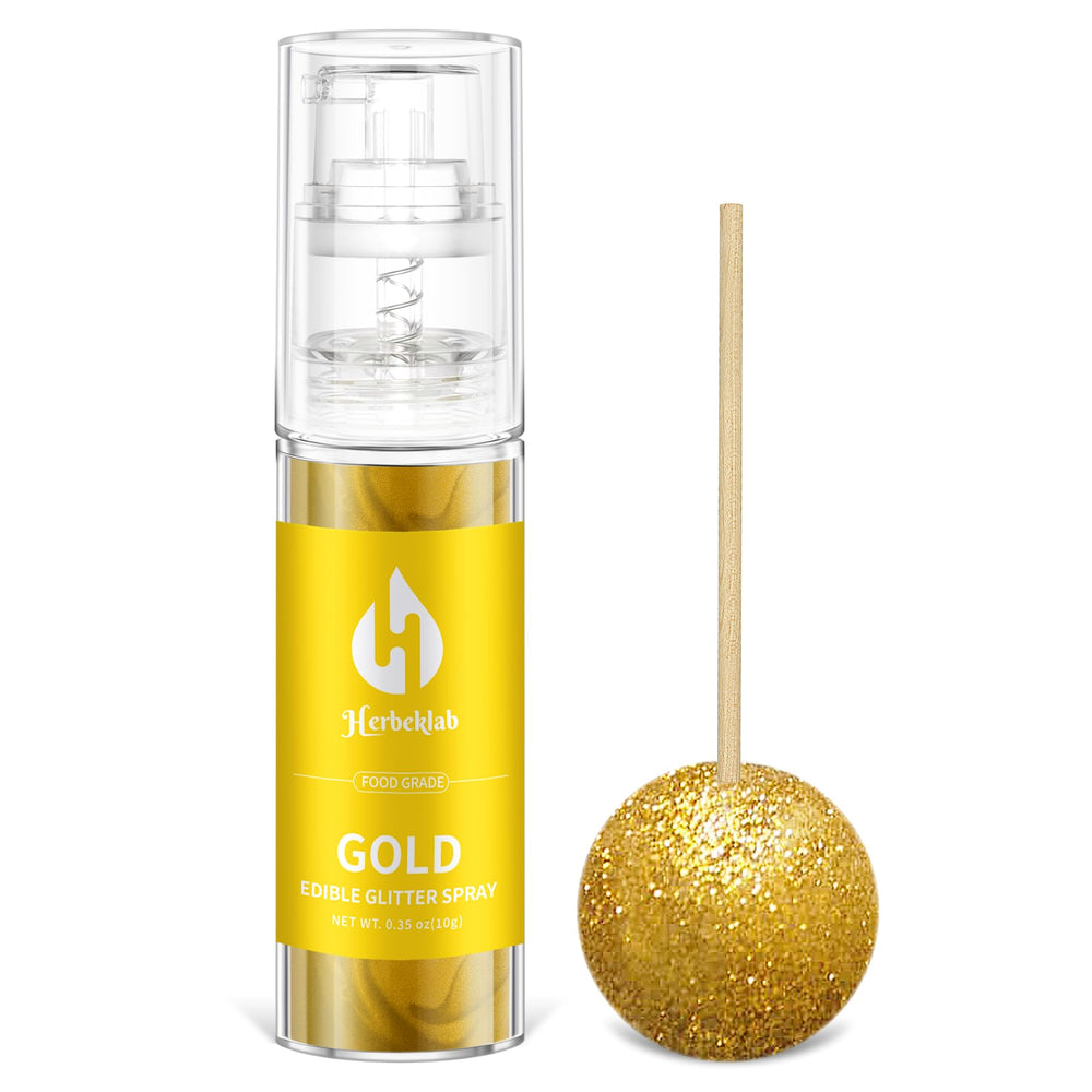 Herbeklab gold edible glitter spray bottle for precise decoration on pastries.