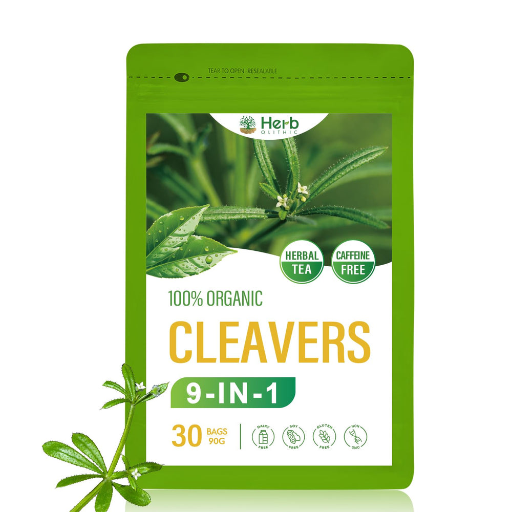 HerbOLITHIC Cleavers tea bag in cup for gentle detox and lymphatic support.