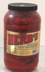 Herbs red hot pickled sausage jar front view, ready-to-eat snack for gatherings.