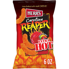 Herr’s Carolina Reaper Cheese Curls texture close-up—airy corn puffs with heat.