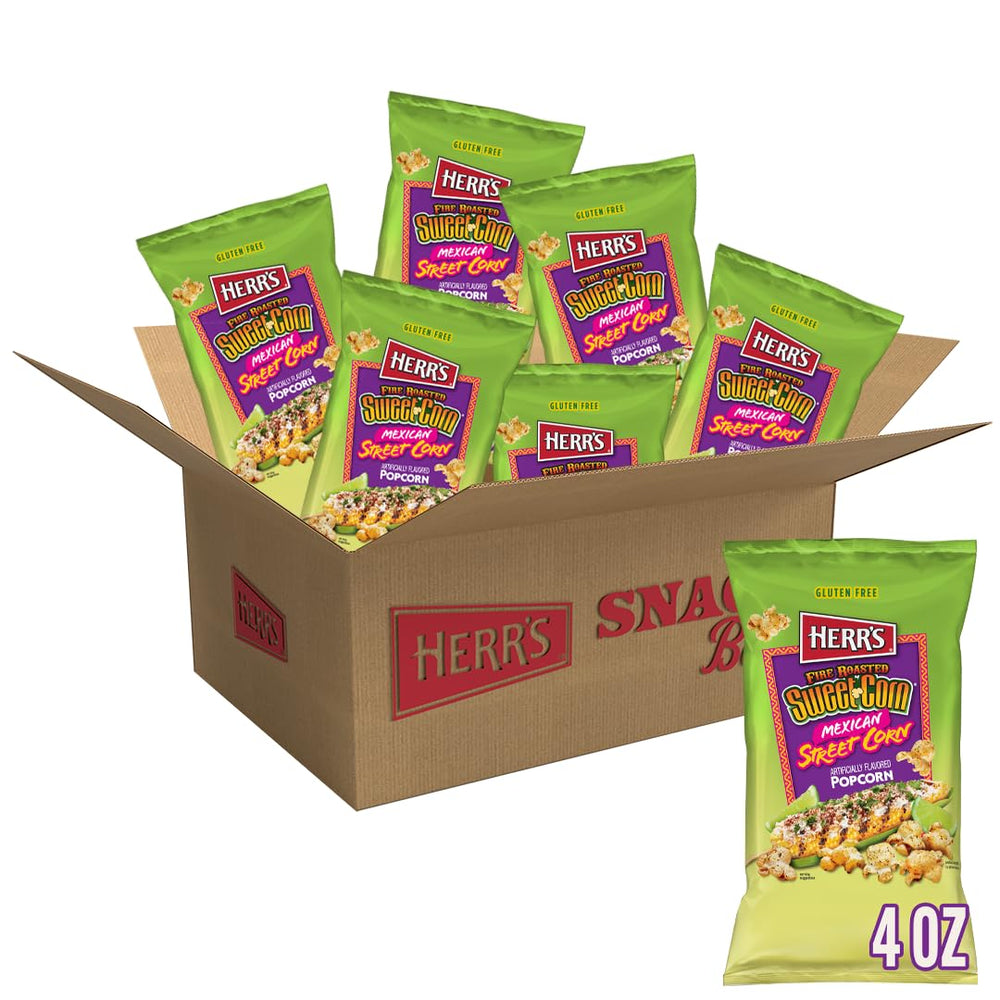 Herr's Fire Roasted Sweet Corn Popcorn pack front with bold elote flavor.
