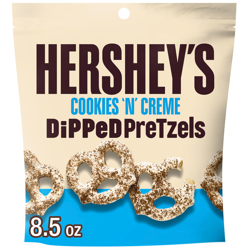 Hershey's Cookies 'n' Creme Dipped Pretzels bag front, ideal for quick office snacks.