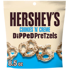 Hershey's Cookies 'n' Creme Dipped Pretzels bag front, ideal for quick office snacks.