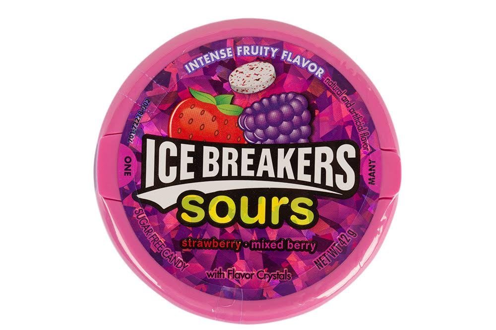 HERSHEY'S Ice Breakers Sours strawberry and mixed berry mints in a portable 1.5 oz container