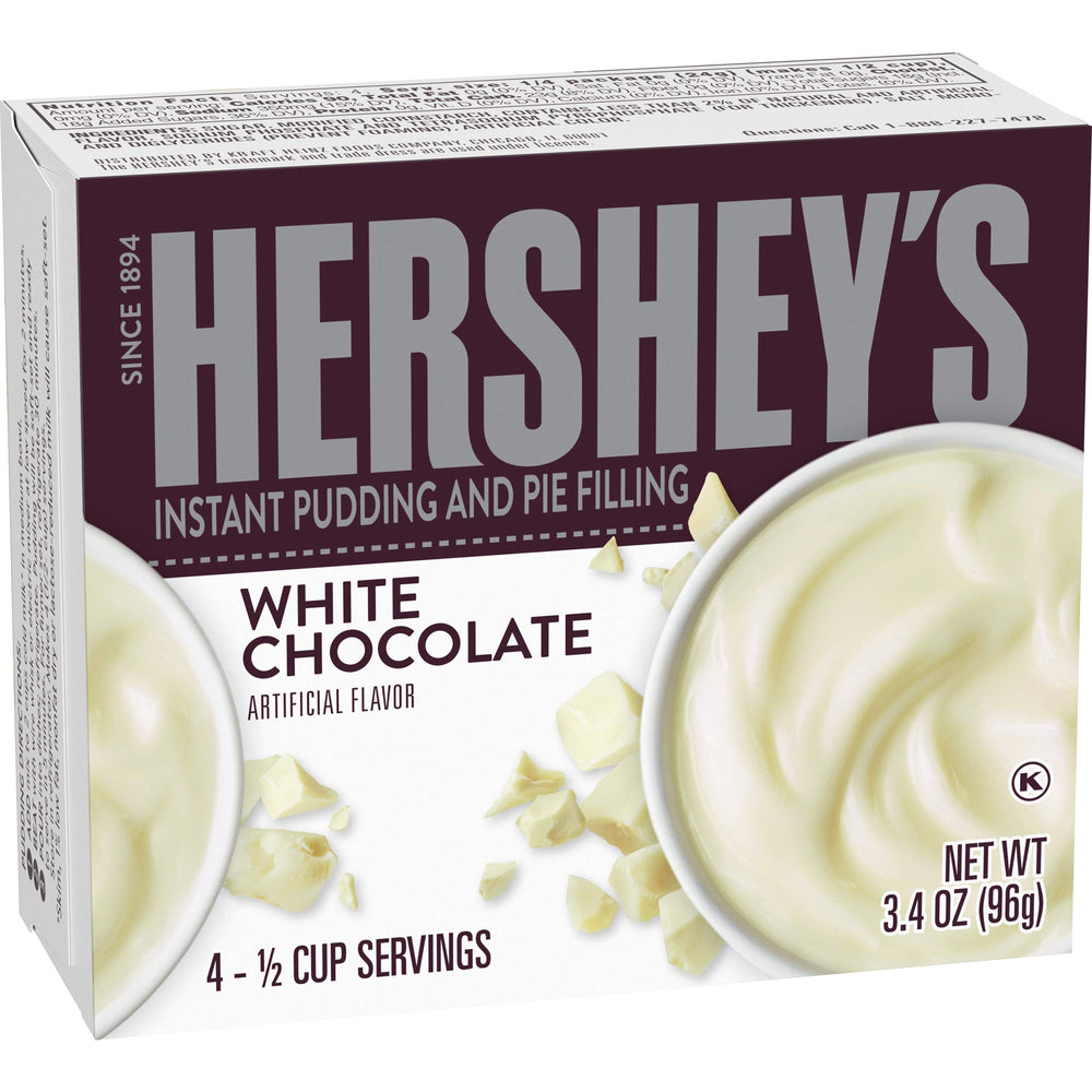 Hershey's Instant White Chocolate Pudding Mix pack-front reveals the creamy dessert option.