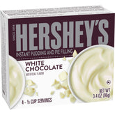 Hershey's Instant White Chocolate Pudding Mix pack-front reveals the creamy dessert option.