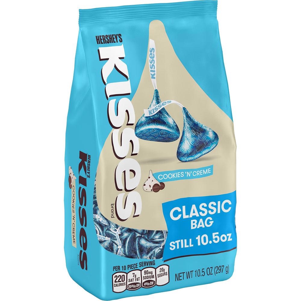 Hershey's Kisses Cookies 'n' Creme candy in a 10.5 oz pouch, ideal for sharing.