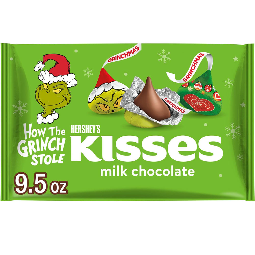 HERSHEY'S KISSES Grinch Milk Chocolate bag, perfect for stocking stuffers and festive treats.