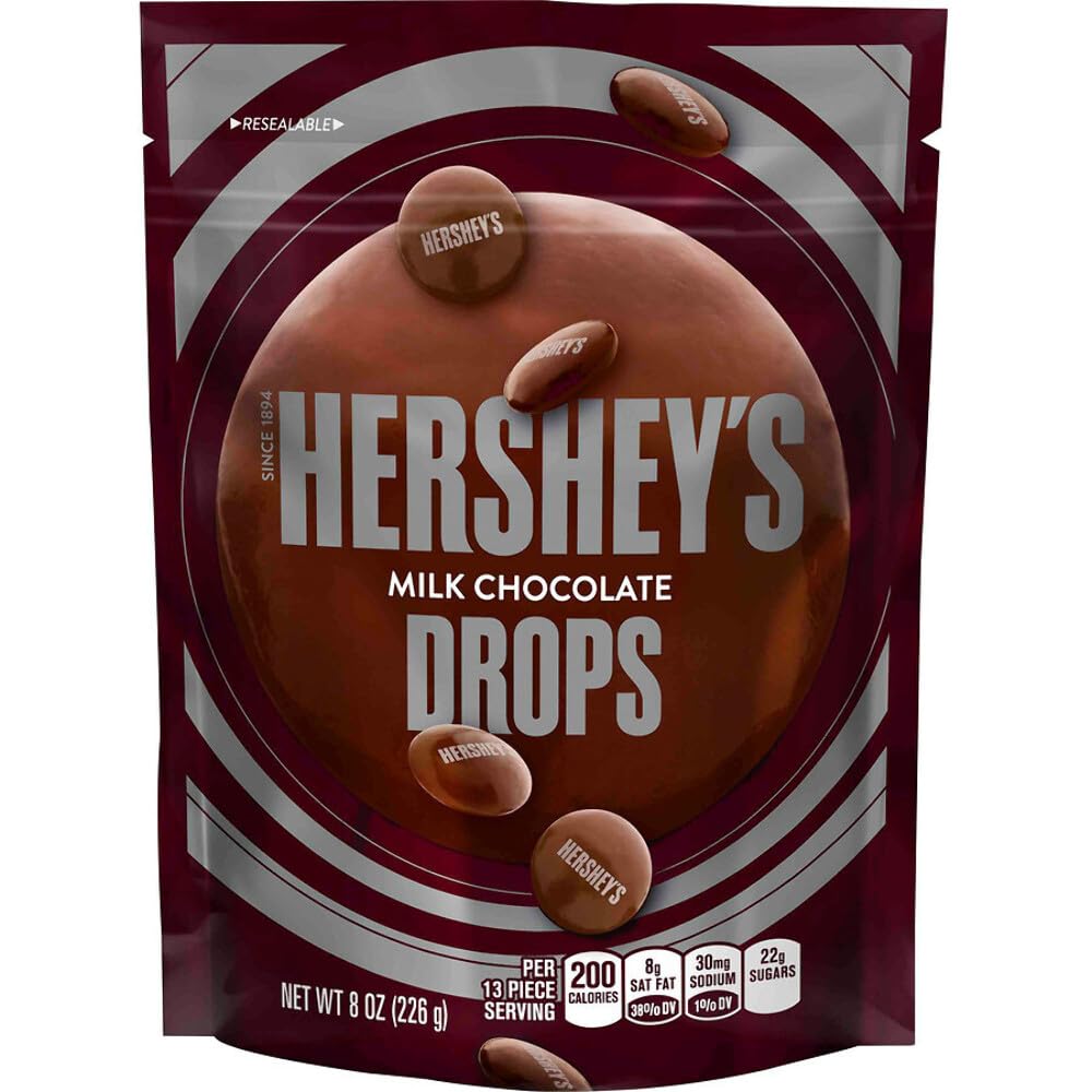 Hershey's Milk Chocolate Drops in a resealable 8 oz bag for convenient snacking