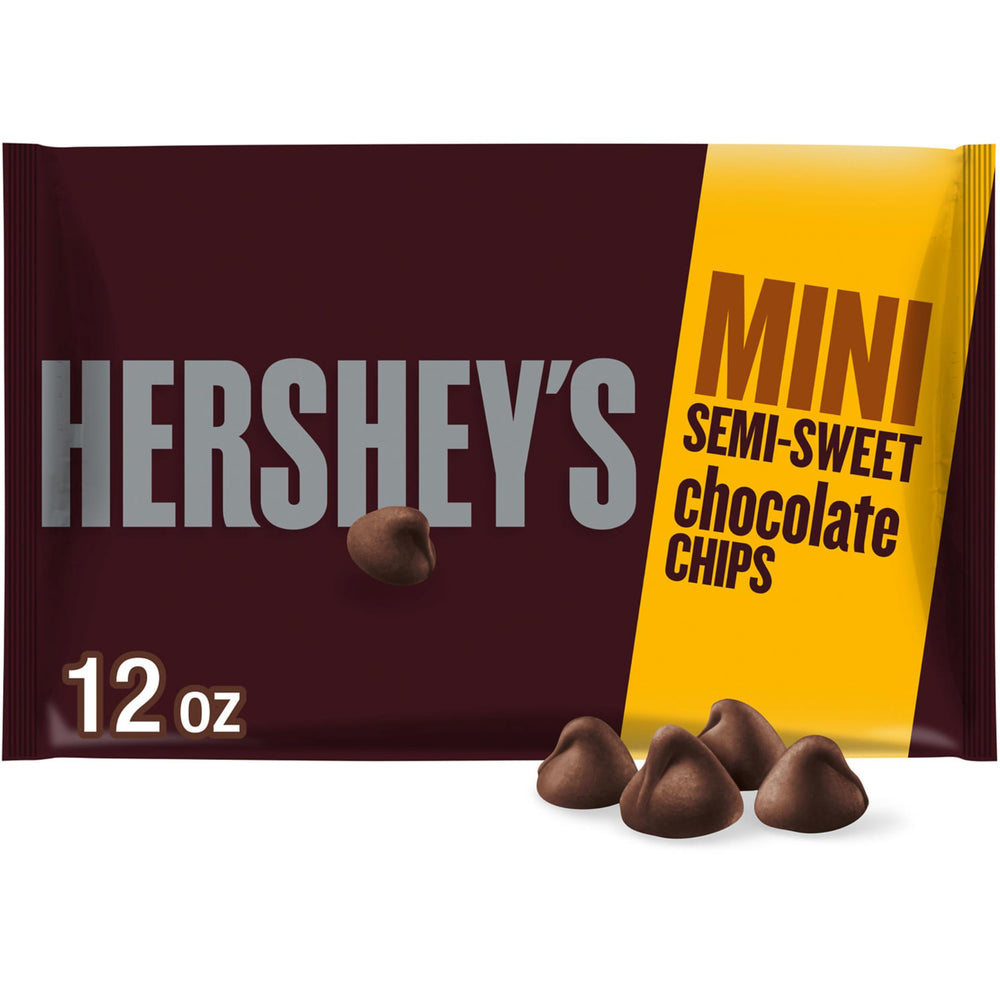 HERSHEY'S Mini Semi-Sweet Chocolate Baking Chips bag ready for quick batters.