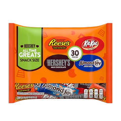 Hershey's snack-size candy bag 30 pieces close-up of individually wrapped chocolates.