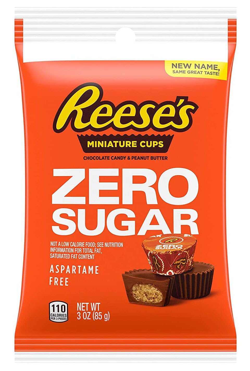 Hershey's Sugar Free Reese's Miniatures Original—creamy peanut butter center, chocolate coating, low-sugar snack.