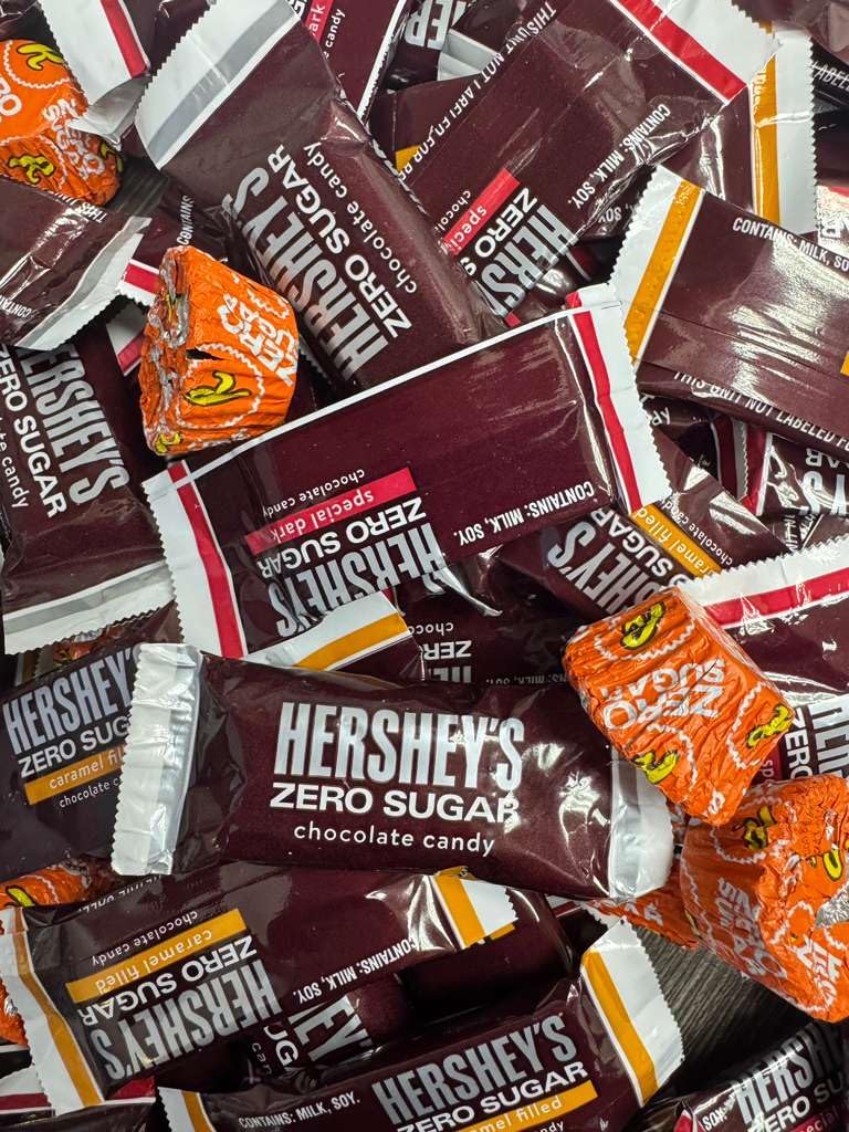 Hershey's Zero Sugar candy bag shows assorted flavors, ideal for keto-friendly snacking.