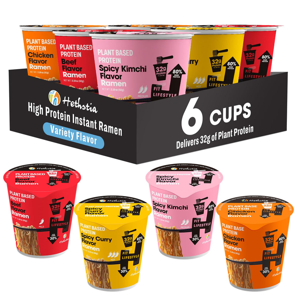 Hethstia high-protein ramen variety pack front view signaling a quick, protein-rich meal option.