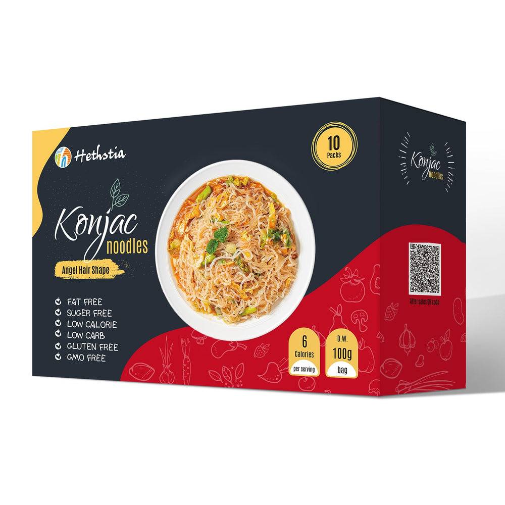 Hethstia Konjac Noodles package front highlighting low-carb, low-calorie convenience.