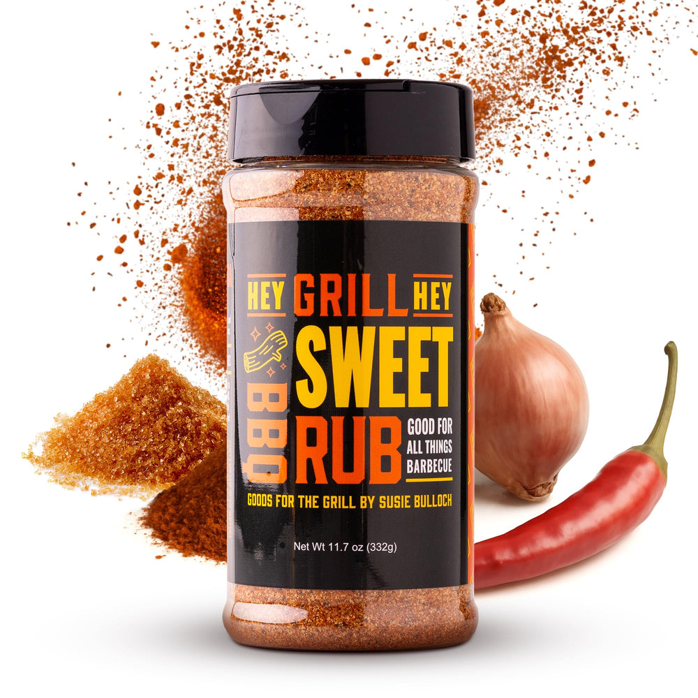 Hey Grill Hey Sweet Rub bottle close-up highlighting sweet and smoky flavor for pork