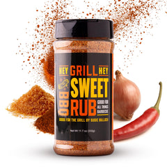 Hey Grill Hey Sweet Rub bottle close-up highlighting sweet and smoky flavor for pork