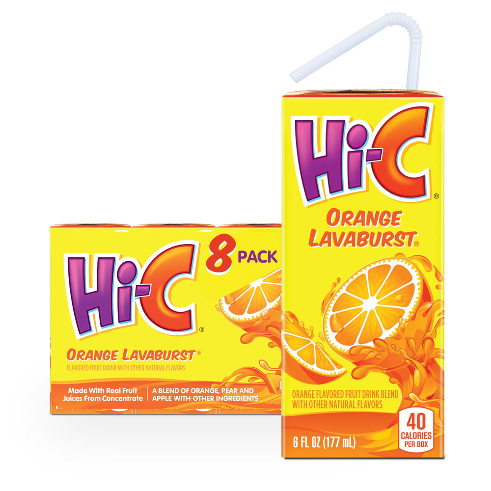 Hi-C Orange Lavaburst 6oz box, ideal for kid-friendly school lunches.