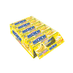 HI-CHEW Banana Sticks pack hero showing bright, fruity flavor for on-the-go snacking.