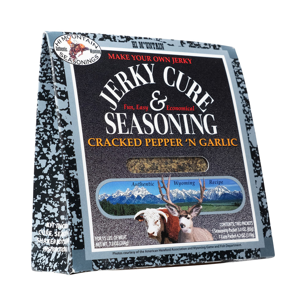 Hi Mountain cracked pepper garlic blend packaging shows bold jerky flavor potential.