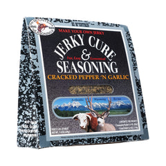 Hi Mountain cracked pepper garlic blend packaging shows bold jerky flavor potential.