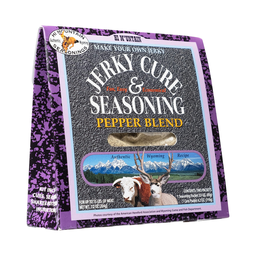 Hi Mountain Pepper Blend jar ready to season homemade beef jerky.