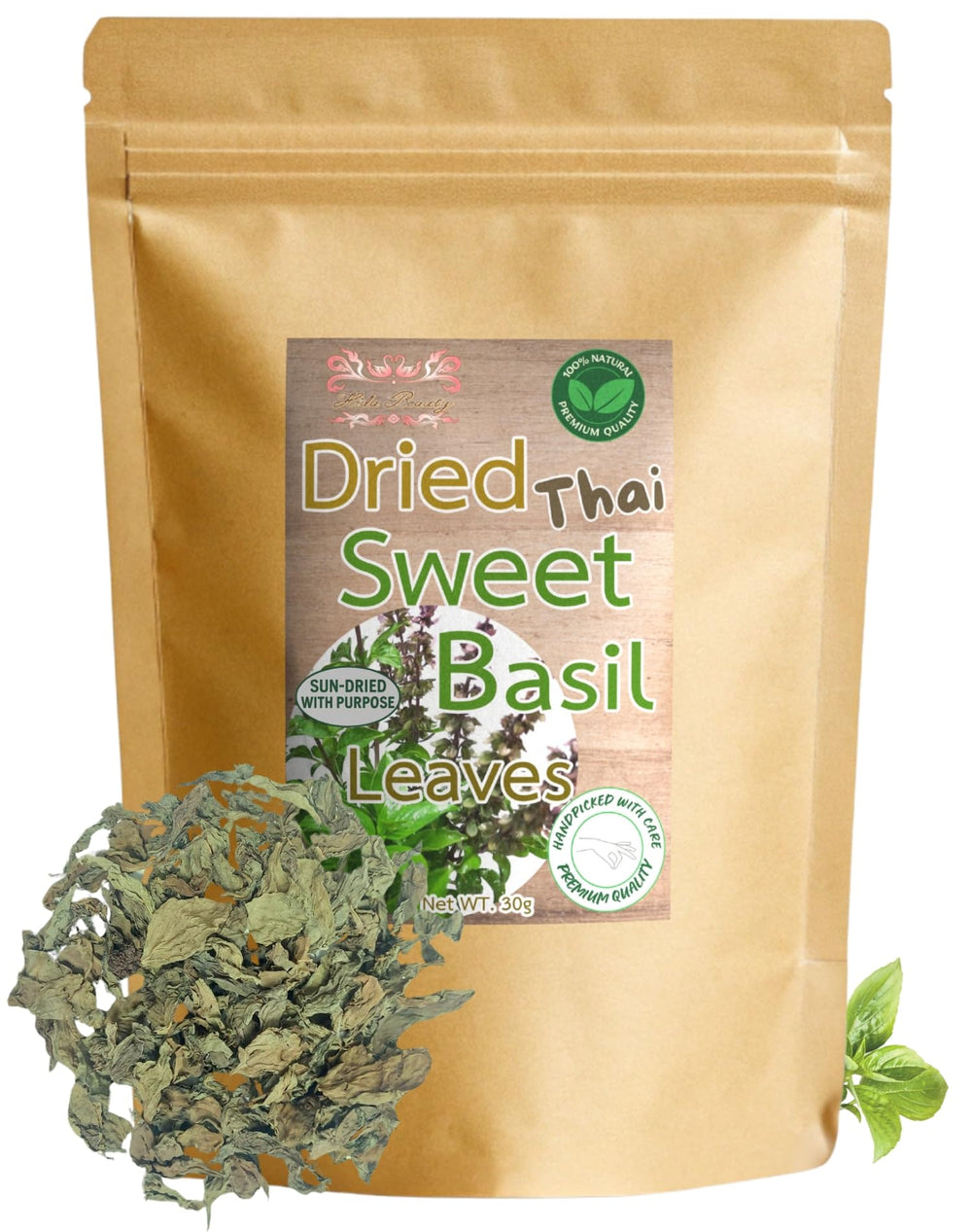 Hida Beauty dried Thai sweet basil leaves, whole for rich soups and stir-fries.