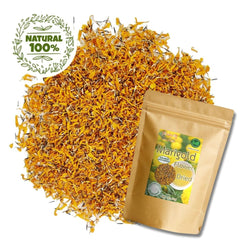 Hida Beauty resealable zip pouch keeps marigold petals crisp and ready to use.