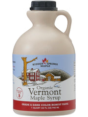 Hidden Springs Maple syrup bottle front view, premium Vermont flavor for versatile breakfast uses.