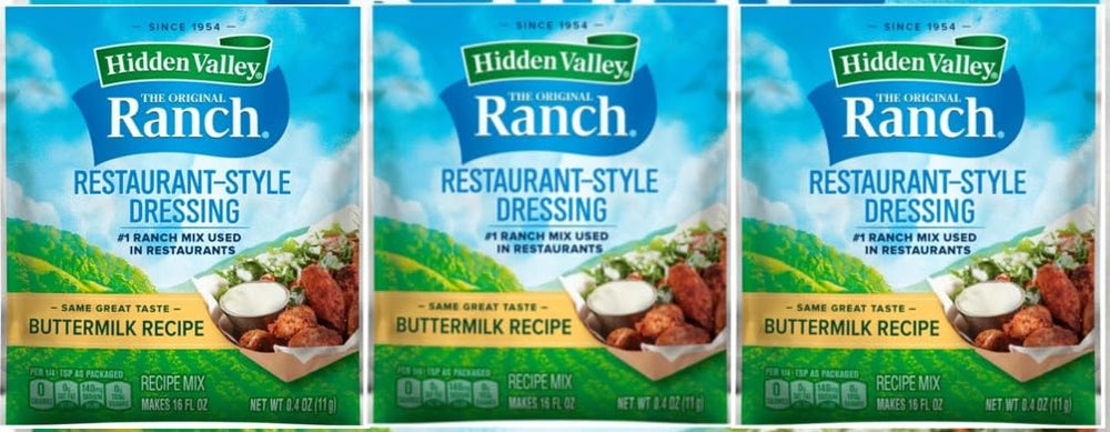 Hidden Valley Buttermilk Ranch Pack 3 box front, gluten-free versatile dressing mix.