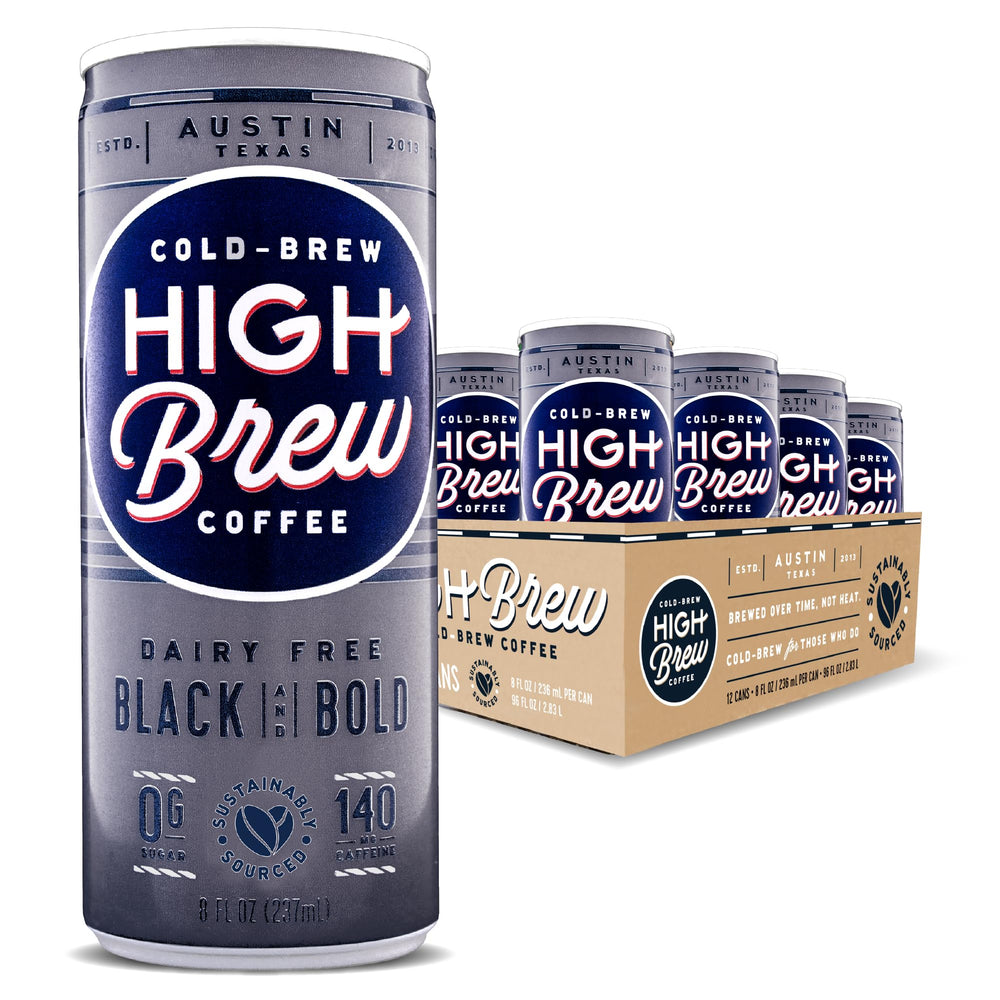 High Brew Black & Bold cold brew bottle pour showcases bold flavor and convenient 8 oz serving.