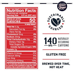 High Brew Coffee arabica beans label closeup emphasizing quality and taste